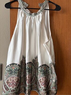 Liverpool White Halter Top with Green & Pink Paisley Trim